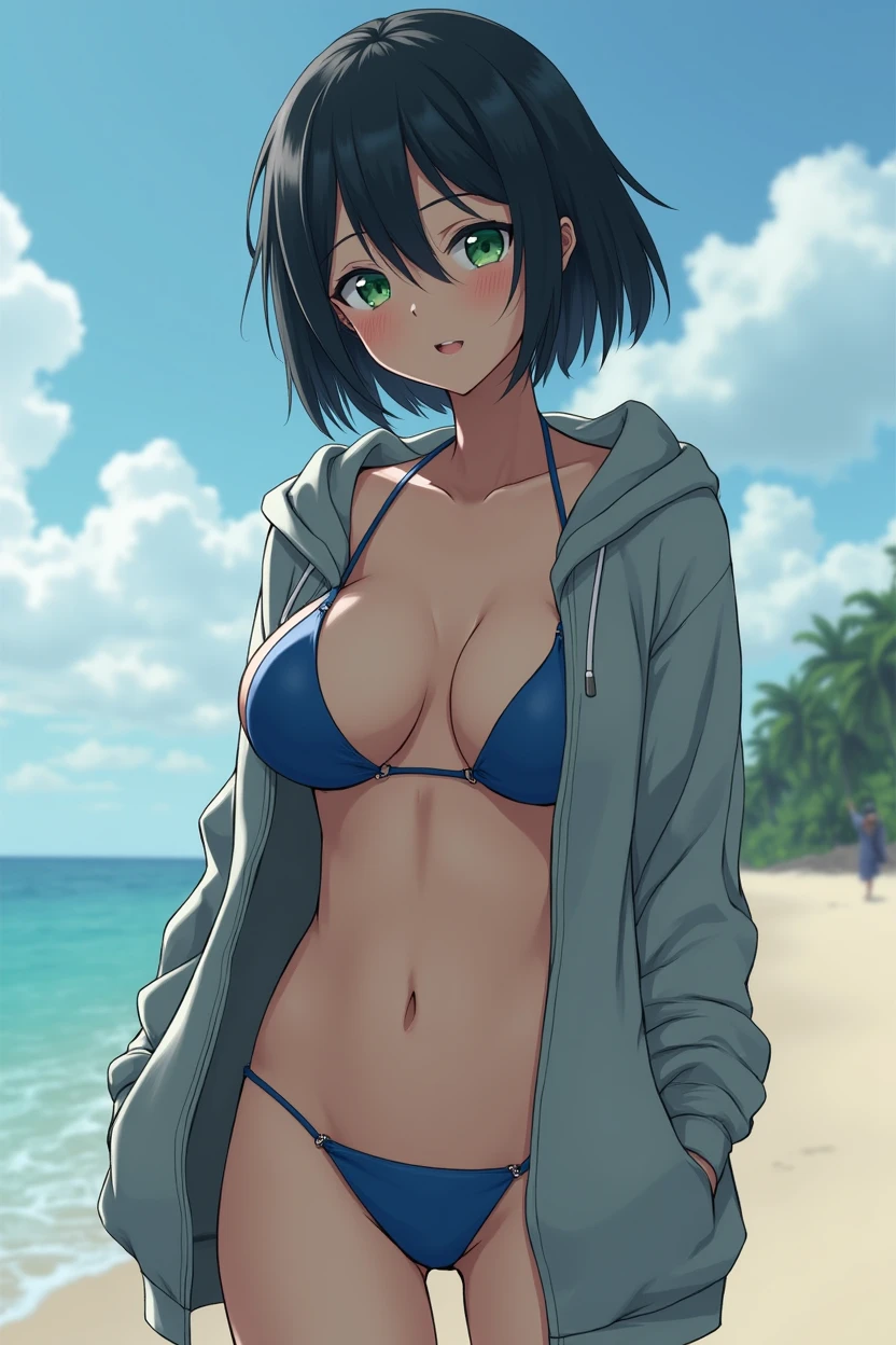Highest quality,masterpiece,(Genuineistic)alone,Genuine,Japanese women,22 years old,Low length,Large Breasts,Black Hair,short hair,Blue Bikini,Grey hoodie,Looking into the camera,The background is the beach,Fool the background,Something suspicious,Anaglyph Effect,Ultra-high resolution,Highly detailed official Unity 8K wallpapers,Ultra-high resolution,super high quality,