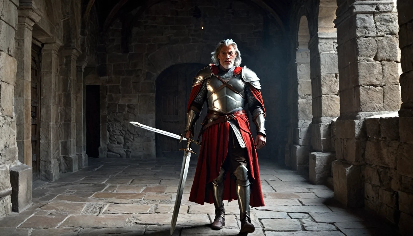 masterpiece, Inside a stone building, Stone slabs scattered on the floor, A muscular man in armor walking towards the front, dim, Gray Hair, Candles along the walls light up the room., Holding a large twisted rapier in his hand, Wearing a tarnished red cloak, He wears a dull red loincloth under his armor., Wearing silver-adorned armor, He wears white decorated metal on his shoulders.、Dark orange fur underneath the metal