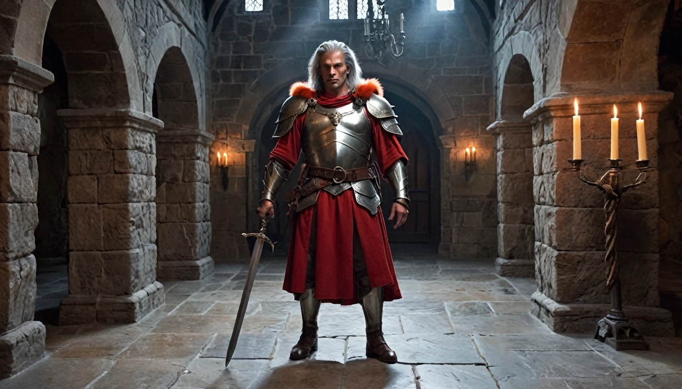masterpiece, Inside a stone building, Stone slabs scattered on the floor, A muscular man in armor walking towards the front, dim, Gray Hair, Candles along the walls light up the room., Holding a large twisted rapier in his hand, Wearing a tarnished red cloak, He wears a dull red loincloth under his armor., Wearing silver-adorned armor, He wears white decorated metal on his shoulders.、Dark orange fur underneath the metal