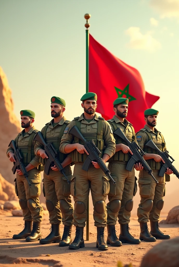 Moroccan armed soldiers with flag next to them 