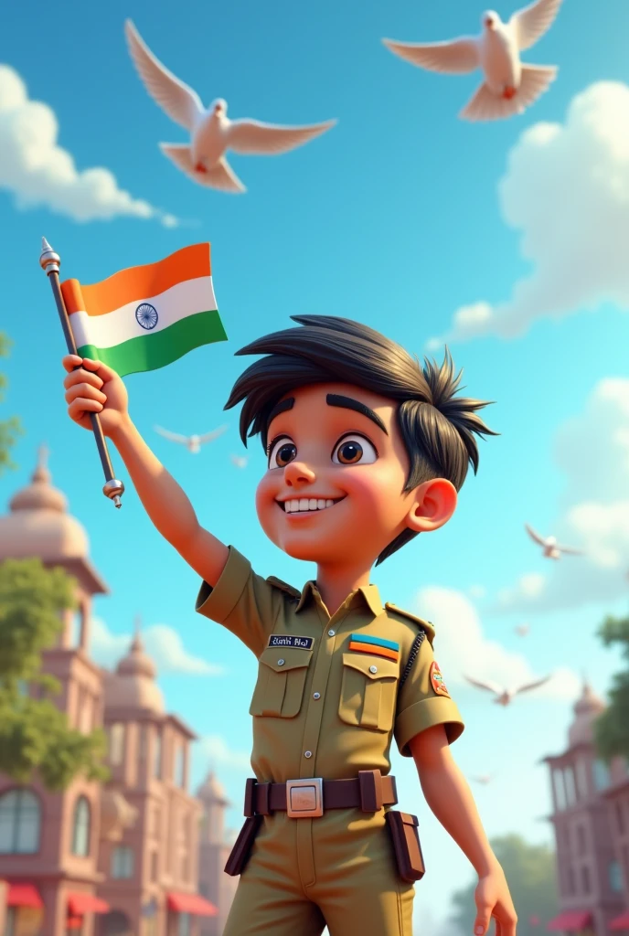 A teenager Animation 3d Character boy celebrating Delhi capital Independence day and wearing commando dress with Name "Ashish Rai" on it and flag in Hand with blue sky and dove flying.