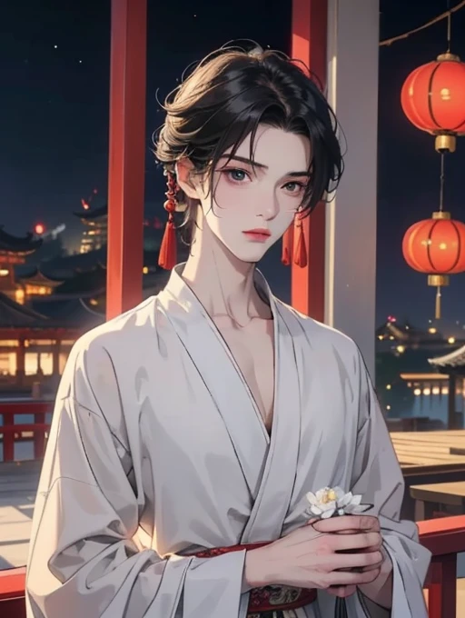 Chinese anime style, young man character looking at viewer, serious and delicate expression, androgynous young man, ojos claros masterpiece, long dark hair waving, long flowing white robes, short man, small waist, cherry lips, serious and sad expression, beautiful pale skin, masterpiece, perfect details, detailed, Youthful appearance, Man holding white flowers, Chinese festival background, paper lantern decoration, striking young man, maximum quality, perfect fingers, perfect young man, heterocromia, long eyelashes