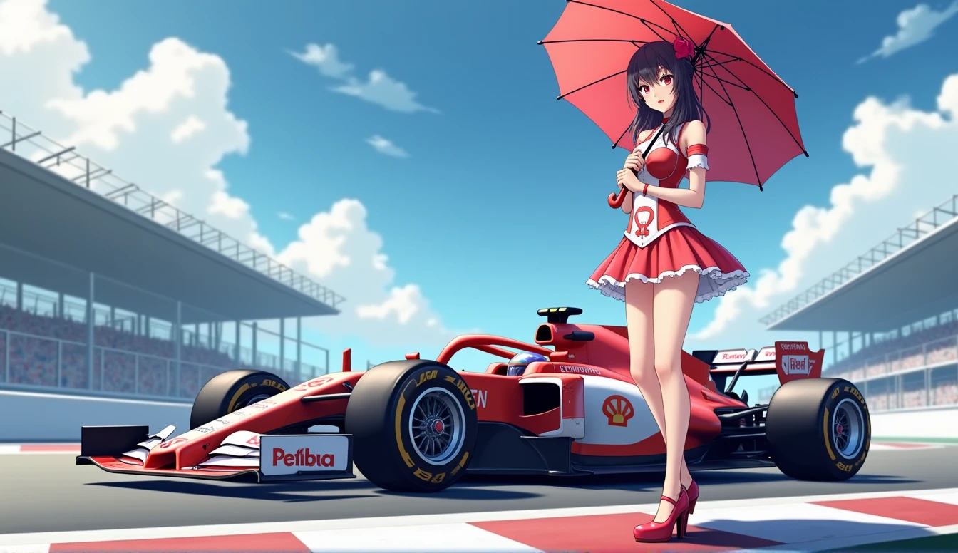 F1 Race Circuit。One young Japanese race queen。Standing with a parasol in front of a race car。The costume you're wearing、separate。I have a bangle on my arm。Background、Sparkling in the summer sun。Anime Style。Looking from afar。Beautiful legs are attractive。whole body。Wearing high heels