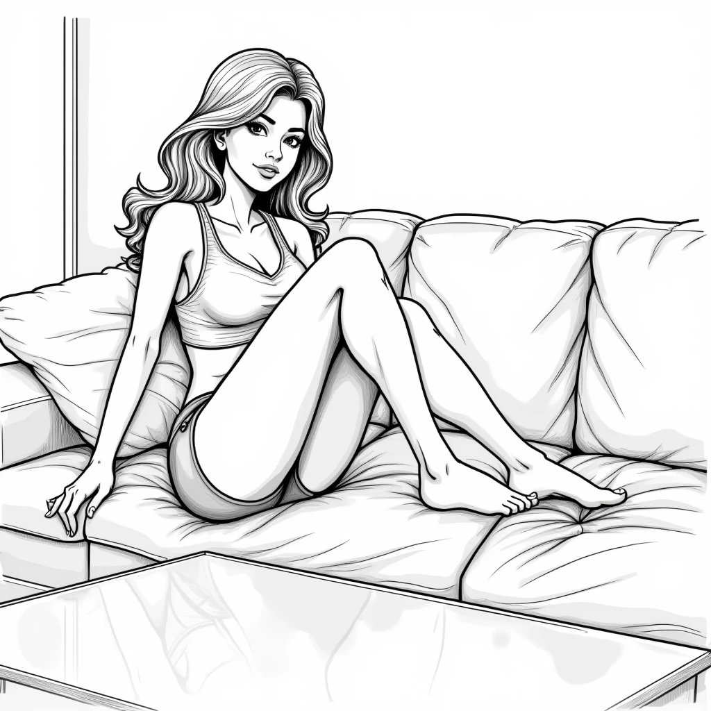 1 comic woman sitting on a couch with her feet resting on a table, wearing sports bra and shorts. she is barefoot and her soles are visible, comic book style, lineart
