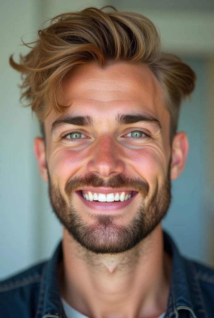 Please create a 30 year old man, but very youthful, de 1,94, offwhite, blond, greeneyes, tabby, with a very beautiful smile, and a short but well-groomed beard.