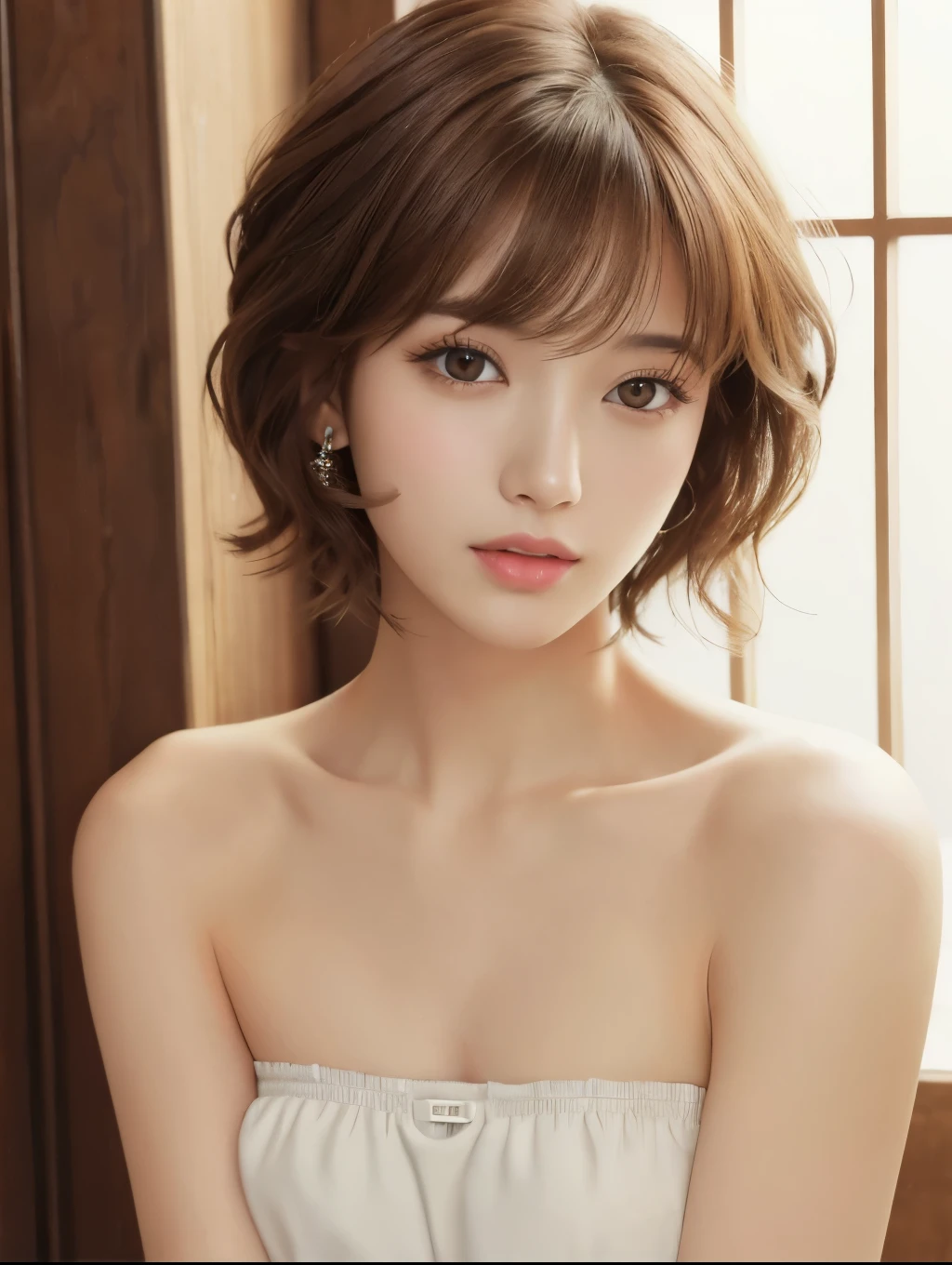 masterpiece、Highest quality、High resolution、Tabletop、wallpaper、Realistic、Bright lighting、((Small, flat chest:1.4))、Professional Lighting、Face Light、Smooth lighting、Japanese women、Adult、((Beautiful Makeup:1.2))、((Strapless camisole:1.4))、Beautiful woman、action、gravure、sexy、poor、so beautiful、Beautiful Skin、Beautiful and detailed、Detailed face、slim、moderately、Short Bob Cut、Brunette Hair、Brown eyes、Looking at the camera、