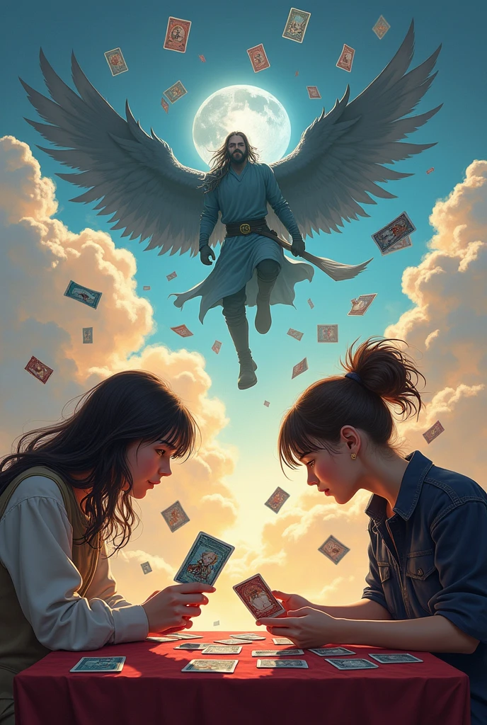 (realistic photo, detailed photo, masterpiece), two girls play magic cards game on table, they summon two mages, (two mages fight in sky:1.9), many magic cards flying in sky, magic cards have comics on them, magic cards holding in all hands