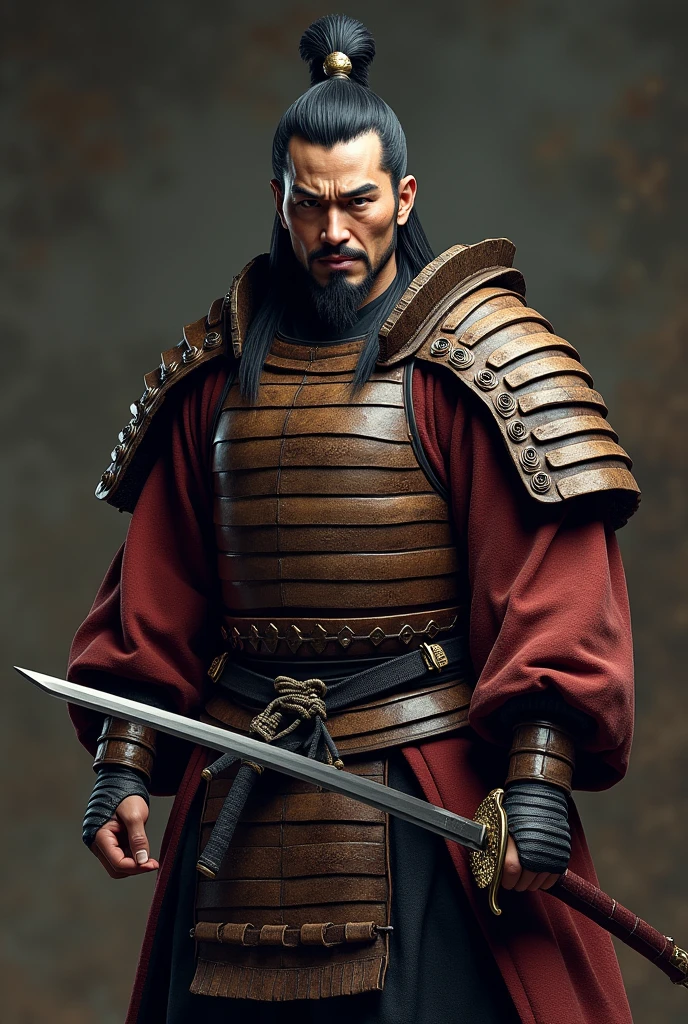 Full body, Momotaro, Japanese Samurai sword and armor, chonmage, Chonmage, Chichimata, muscular, realistic, 8K, ultra realistic, Onigashima