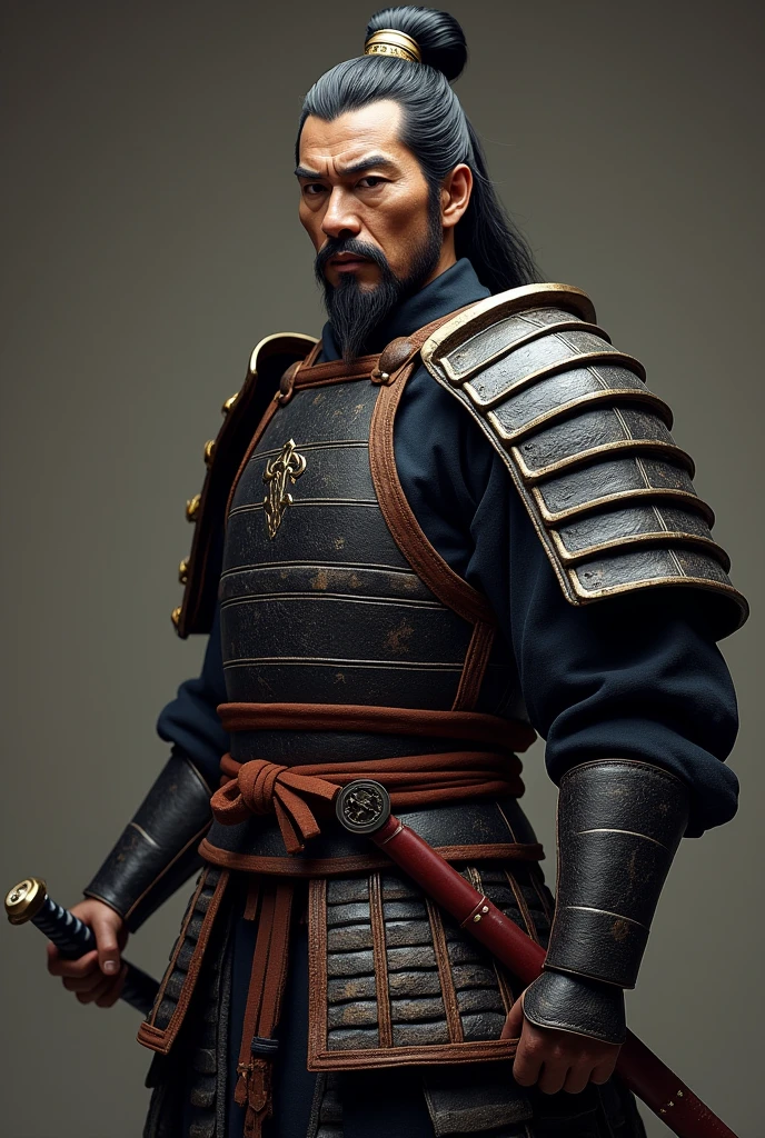 Full body, Momotaro, Japanese Samurai sword and armor, chonmage, Chonmage, Chichimata, muscular, realistic, 8K, ultra realistic, Onigashima