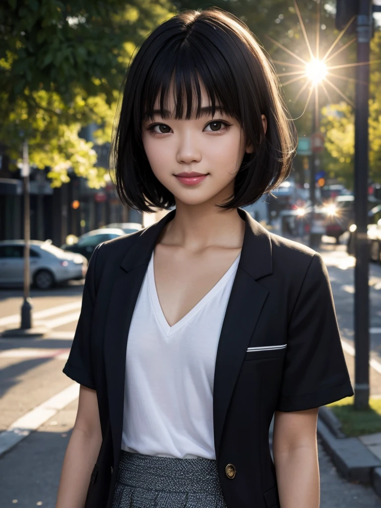 (highest quality,masterpiece:1.3,ultra high resolution),(Super detailed,caustics,8k),(photorealistic:1.4,RAW shooting),1 girl,(smile and look down at the camera),(front shot:1.1),(face forward),18-year-old,cute,Japanese,black short hair,blunt bangs,school uniform,glamorous,(flat chest),( close up),(breast focus),street,sunshine,Natural light,(Backlight),(A bright light shines from behind),(Lens flare),professional writing,