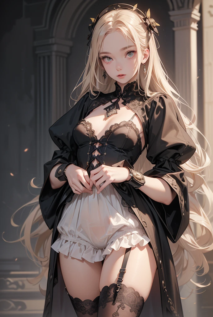 (((masterpiece, of the highest quality, super detailed))), (a witch belonging to an occult order of knights), (a knight crossed with a witch), Victorian era inspired, ((minimal but intricate beautiful armour)), Fluttering lace flared dress with frilly petticoats, ((nier automata meets bloodbourne)), ((((Highly detailed face))), (big forhead:1.2), (((Very sharp focused eyes))), very long eyelashes, small breasts, (((flat chest:1.1))), occult aesthetic, (red and white clothing detailed and intricate steampunk and detailed gothic), (with a hood), complex lace boots,