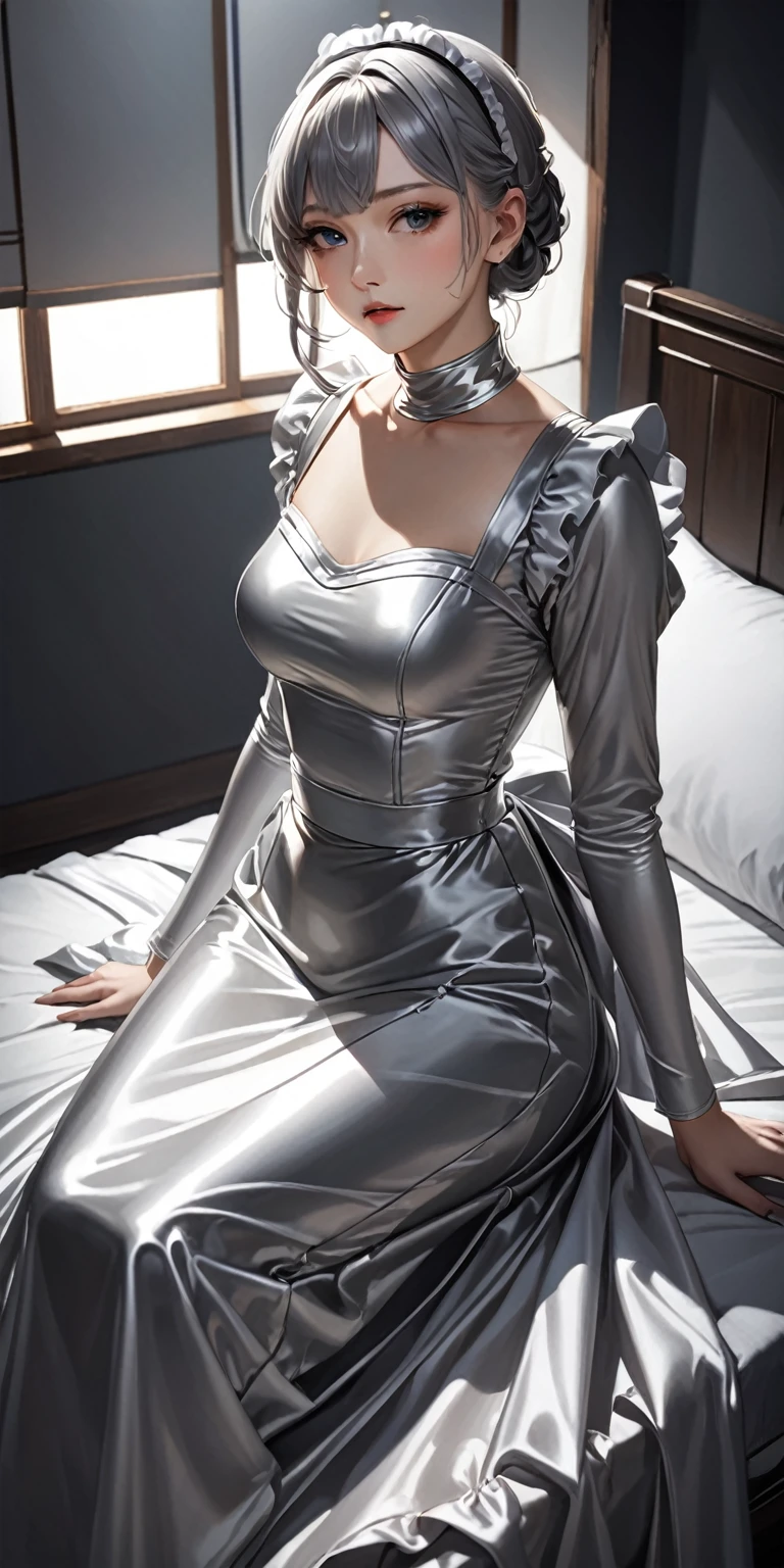 Portraiture、(masterpiece,Highest quality,Ultra-high resolution),Japanese women, (((Very beautiful 25 year old girl)))、(She is wearing a shiny light silver satin long sleeve maid outfit..)、The dress has a simple design without any patterns...、(((A long skirt made of pale silver satin.)))、Pale silver satin gloves、((Pale silver satin bodysuit))、Sitting on a bed in a dark room