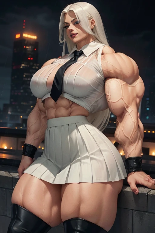 ((Close-up)), tall, (White hair) beautiful muscular woman, long straight hair, light brown skinned, closed smile, (black lipstick), (massive muscles), (hyper muscle), (ginormous bulky muscles), blue eyes, ((white pleated shirt)), ((long black pleated skirt)), necktie, boots, (on a raining rooftop),