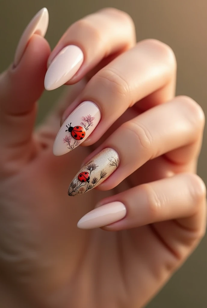 An aesthetic almond tip nail art with ladybug and plant pattern in soft color and the color is brown with eye cat type nail art.