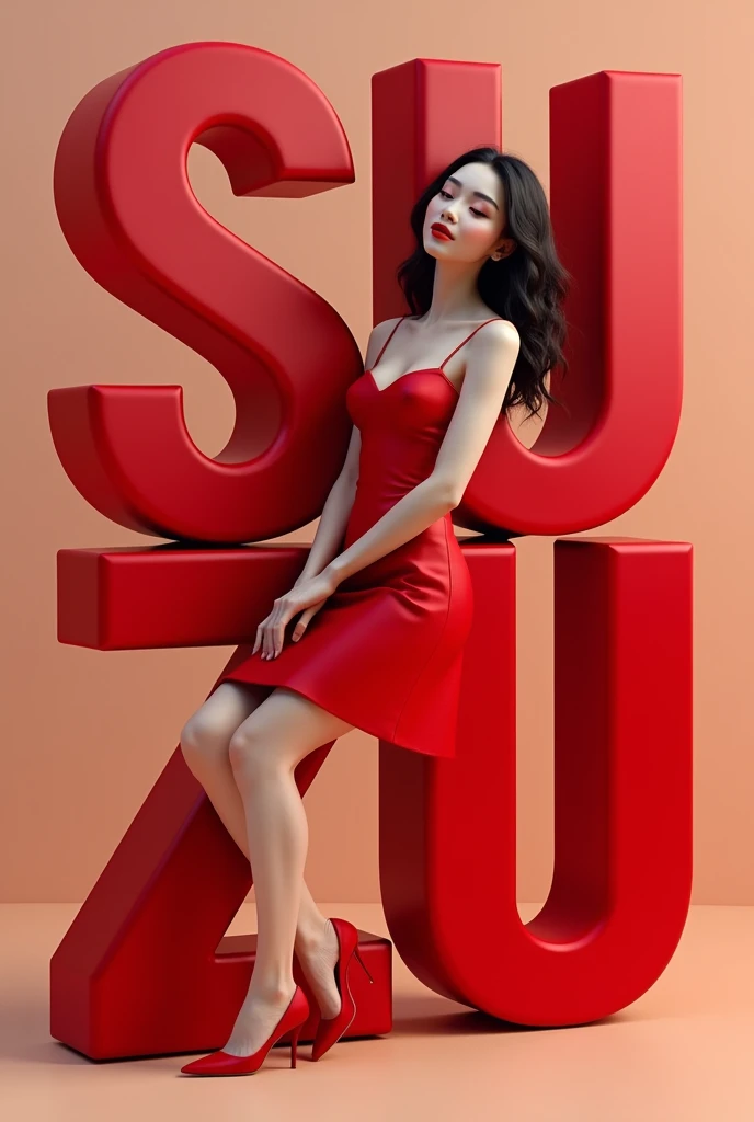 Create a 3d scene with smart graphic and beautiful girl sitting casually back on the SU ZU name in large 3d text red dress in trendy casual