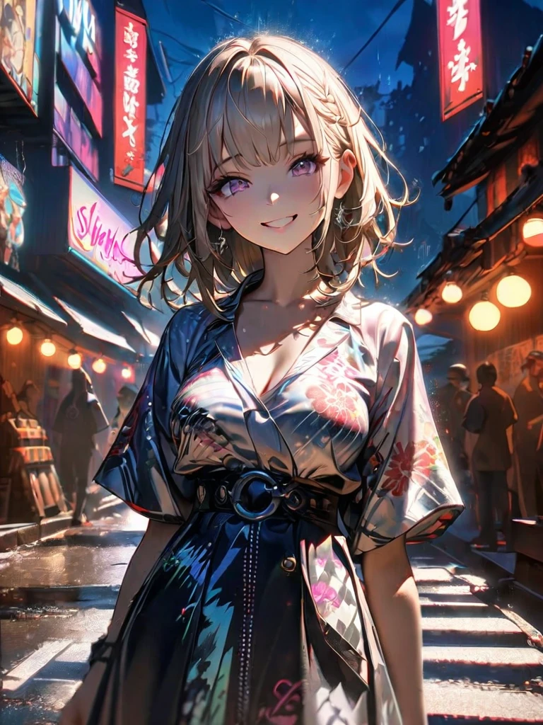 1 girl, chromatic aberration, Written boundary depth, Soft Light, masterpiece, Highest quality, complicated, Tone Mapping, A place where fireworks are set off at festivals. Concept Art, Smooth, Clear focus, Dramatic lighting, Very cinematic, super practical painting, アートステーション's trending, 8k, Incredible Shadows, practical, whole body, View, Viewers, Portrait of a Girl 1, standing on street corner, Heavy rain and lightning、Dark Sky, neon and cyber punk background, she is dressed in punk clothing with silver chains and silver spikes, Her hair was dyed light brown..........Ominous aura of light, smile, punk, ciber punk, Backlight.Fashionable clothes、Friendly dress code: yukata.My breasts are a little big