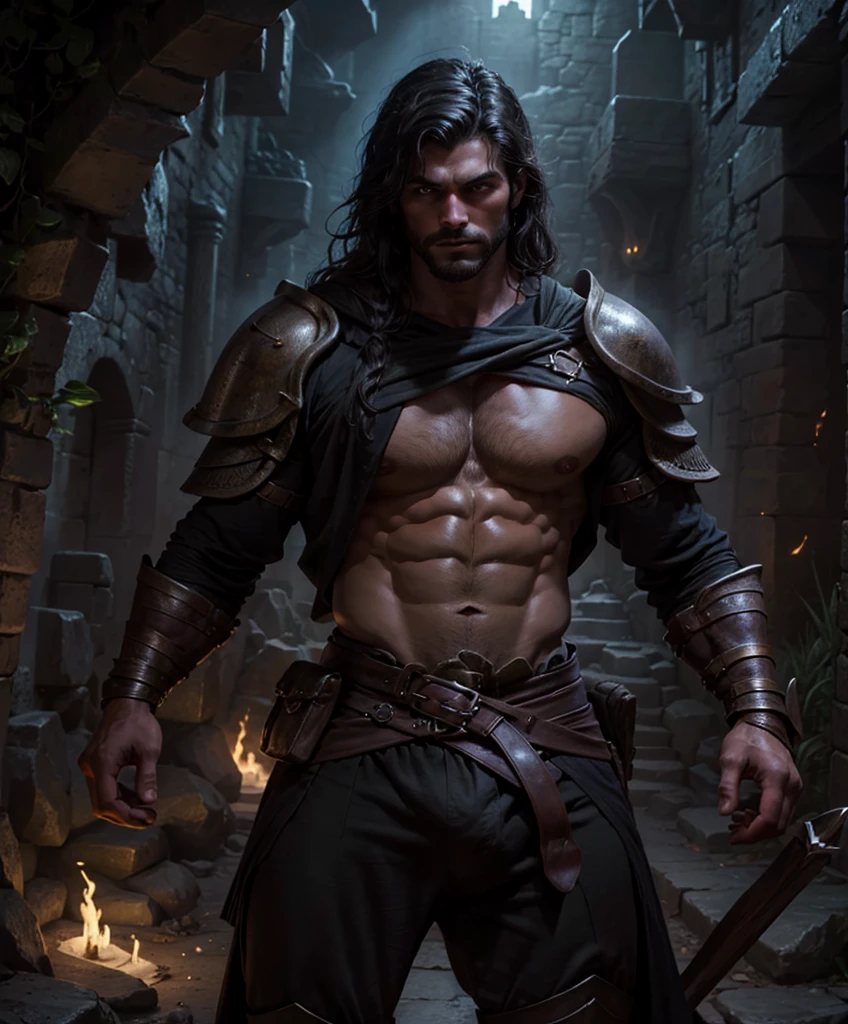 cinematic film still score_9, score_8_up, score_7_up, Dark fantasy art.  Dark themes.  Fantasy art character.  Very intense body language.  Sexy and alluring man. Looks like an attractive male explorer dressed in medieval fantasy attire in a dark, haunting dungeon. Wears fantasy attire for a dark dungeon fantasy setting.  Looks powerful and tough.  Looks like a dashing explorer for a dark fantasy setting.  Arrogant.    Long black hair that is well maintained.  Handsome facial features.  Upper body image.  Lots of personality.   Looks very attractive.   Ideal male physique.  Very muscular.. Homo.