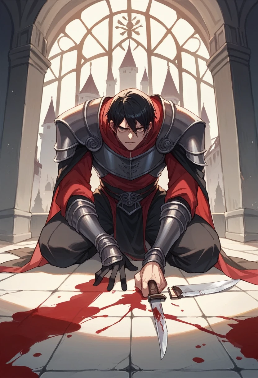 Uchiha Itachi in armor with knives in the Middle Ages and an excellent killer, there are corpses in blood on the floor of the castle