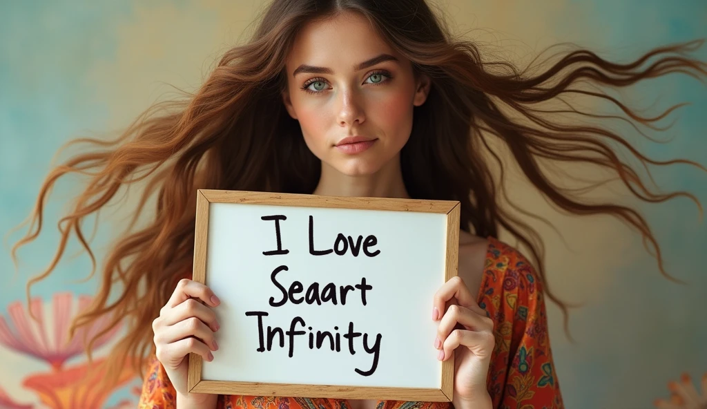 Beautiful girl with wavy long hair, bohemian dress, holding a white board with text "I Love Seaart Infinity" and showing it to the viewer