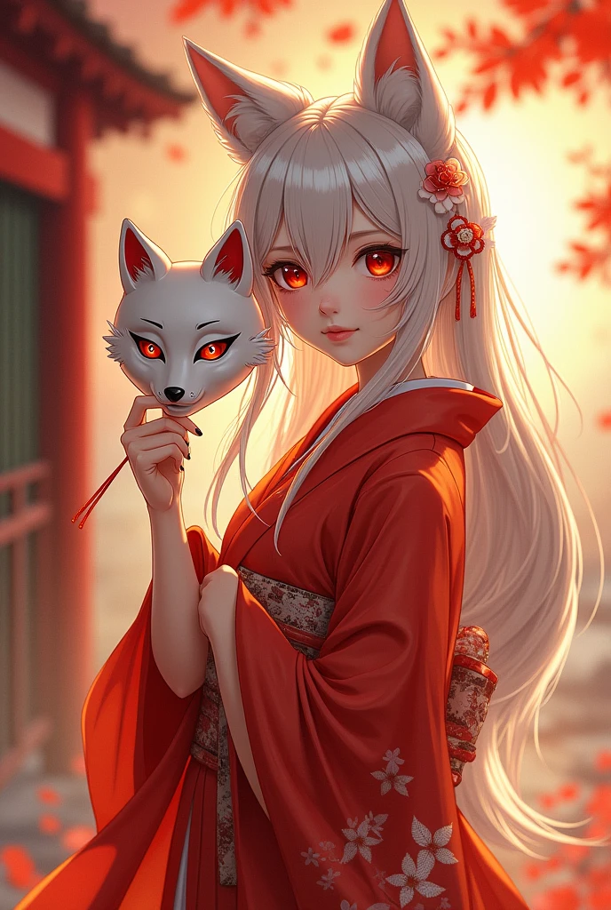 Beautiful kitsune girl with a fox mask in her hand in anime style red tones