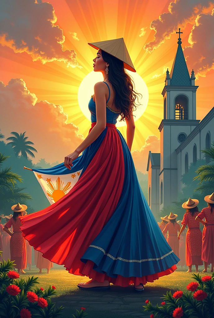 Create a poster with a filipina woman standing on a book wearing traditional Filipino dress with triangular hat holding a Philippine flag and on her back sinag ng araw and heritage church, on her side a people dancing a traditional dance wearing kinona. Add a details showing the unity of Filipinos. 