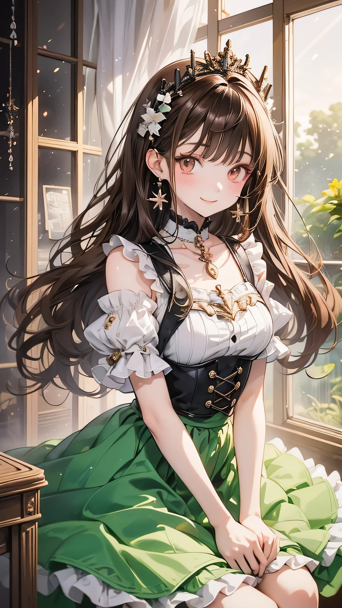 One girl, alone, Beautiful Anime Girls, Cute and intricate digital art, Beautiful anime portraits, Brown eyes, Brown Hair, Long Hair, A light smile, earrings, Frilled Skirt, Green Skirt, High Waist Skirt, puffy short sleeve, thin, thin,