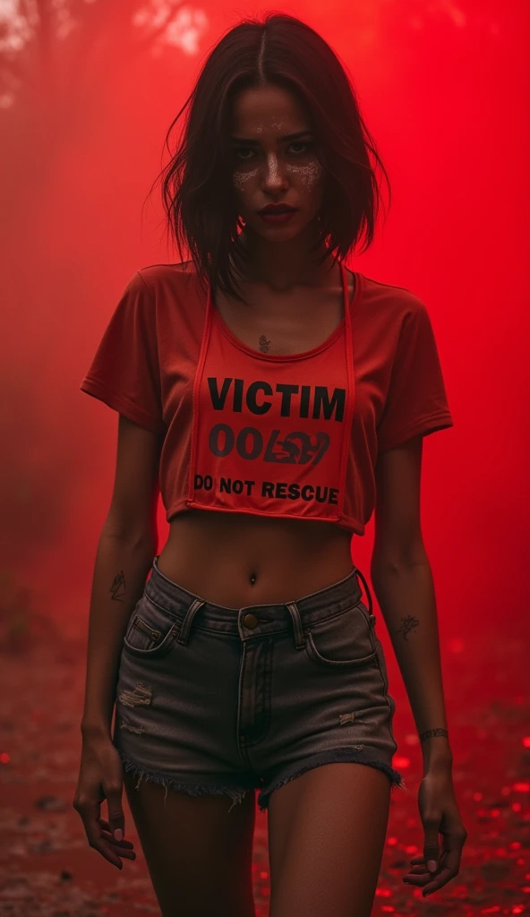 woman, bib "VICTIM 0069 DO NOT RESCUE", denim cut-off skirt, nylon stockings, sporty nylon t-shirt, stuck in mud bog,pale ethnic patterns ritual makeup, cold, red lips, sexy posing, bob haircut, red fog, posing, dynamic, sexy despair