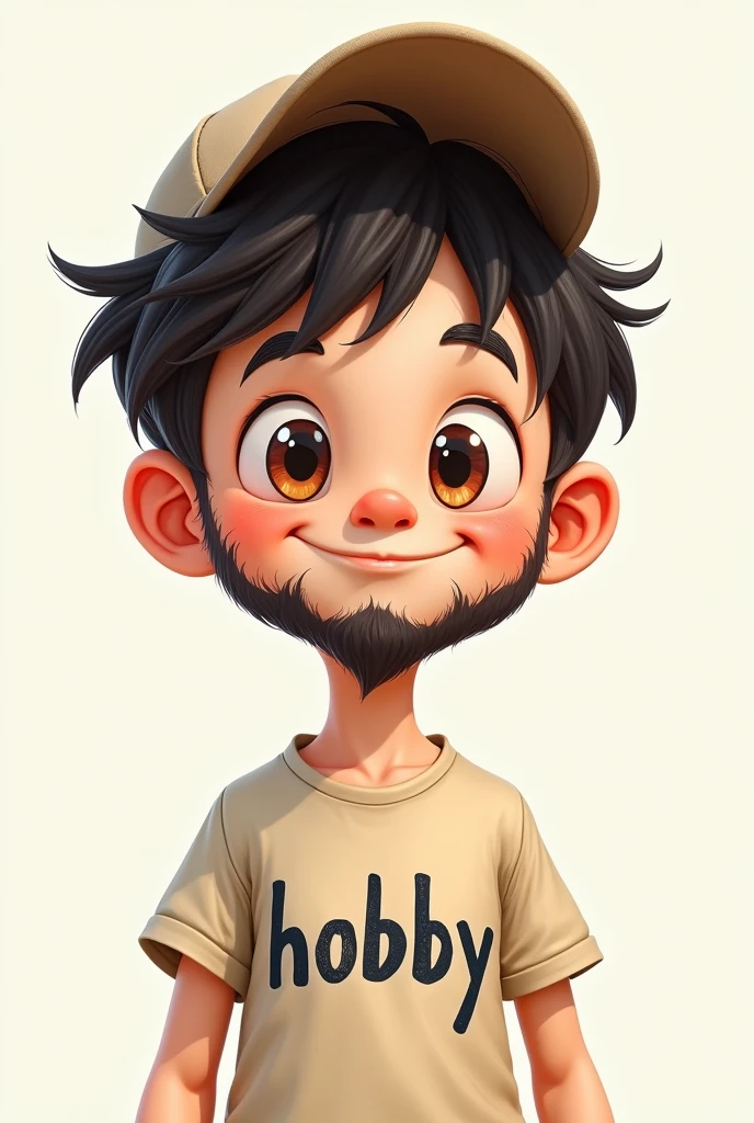 (8K resolution) Drawing of a cartoon boy with a cap, short, drawn beard, cotton t-shirt with the word hobby written on it.artistic, white skin and round brown eyes.