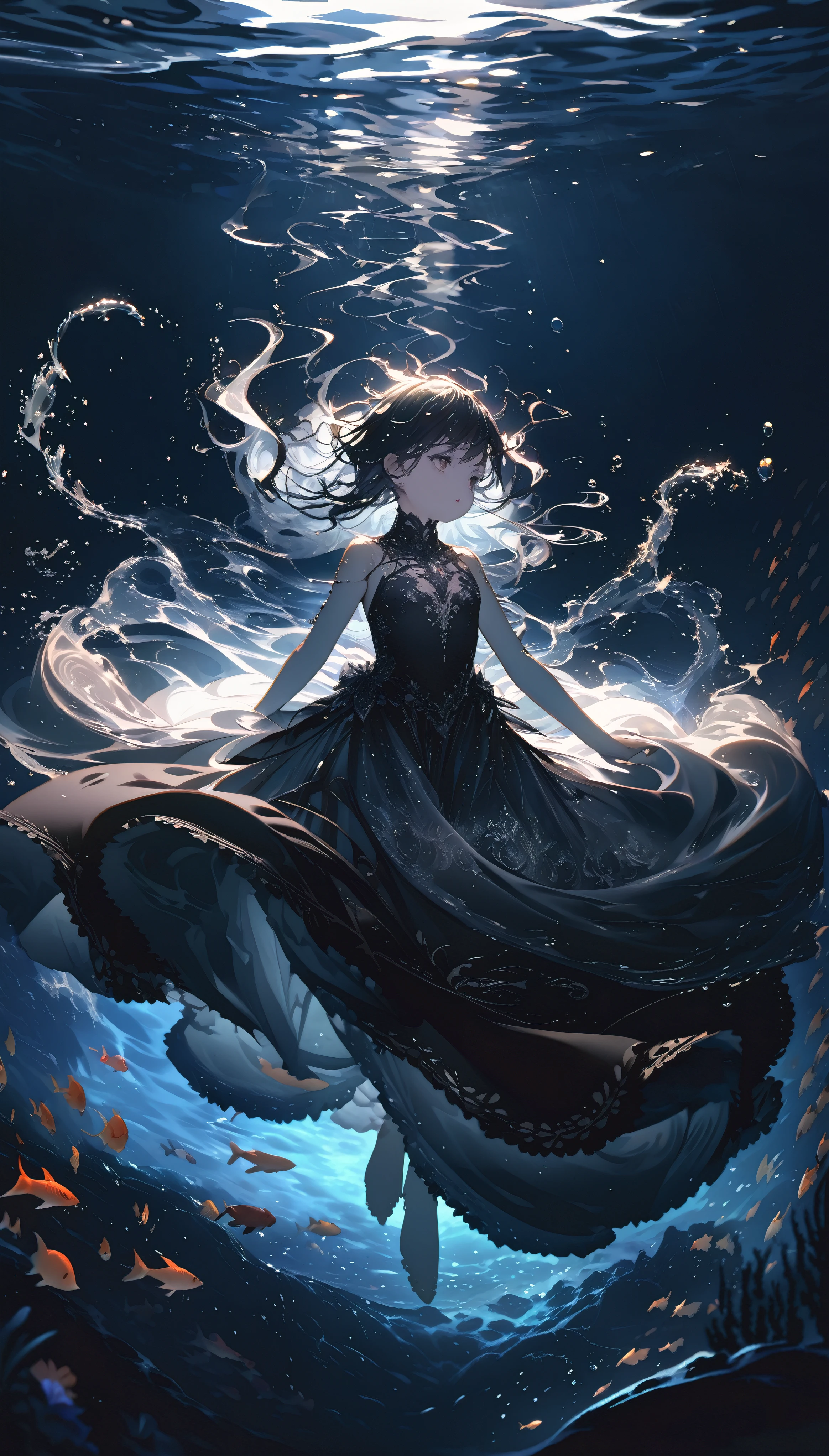 (full body), (solo), (A 7-year-old girl:1.2), (very young little girl), loli, (Solo), (small breast), (wide angle), raw photo, Aesthetic, Convoluted, Awarded, chiaroscuro, Best Quality, Detailed background, (underwater atmosphere:1.2), (underwater photo, floating drowning:1.1), ((Girl in very long black dress:1.2)), (very wet dress:1.1), detailxl, As the tempest rages overhead, the world is painted in a monochrome dance of silver and darkness, the rain a relentless symphony of nature's power. Amidst this deluge, a young girl emerges, her silhouette a stark contrast to the storm's fury. She is adorned in a black sheer transparent long skirt, a garment that whispers of mystery and allure.
Submerged in the water, the skirt takes on a life of its own, a dark, flowing silhouette that moves with the grace and fluidity of the deep. The black fabric, once a stark contrast to the world above, now becomes a part of the underwater realm, its transparency allowing the subtle play of light to filter through, casting shadows and highlights that dance around the girl.
The skirt's transparency allows the water to become a second layer of the garment, the fabric clinging to her form like a second skin, revealing and concealing in equal measure. The darkness of the fabric contrasts with the clarity of the water, creating a visual illusion of depth and dimension that adds to the skirt's allure.
As the skirt moves with the water, it creates a sense of motion and flow, the fabric rippling and swirling around her like a dark current. The hem of the skirt sways gently, brushing against the underwater terrain, leaving a trail of disturbed sediment in its wake, a testament to the skirt's passage through the depths.
The black sheer fabric is adorned with subtle details that become more pronounced underwater. Perhaps there are delicate patterns or embroidery that shimmer in the refracted light, adding a touch of elegance and sophistication to the skirt. These details are like hidden treas