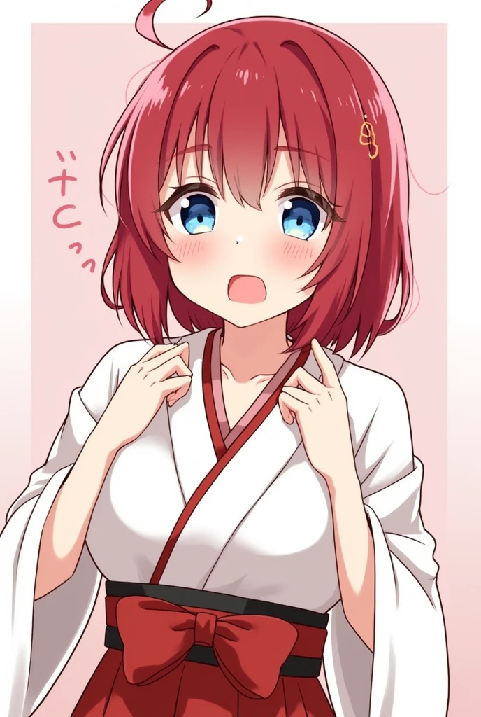 An illustration of a girl in a shrine maiden outfit having her breasts massaged from behind. She is blushing and embarrassed. Her eyes are light blue and her hair is red.