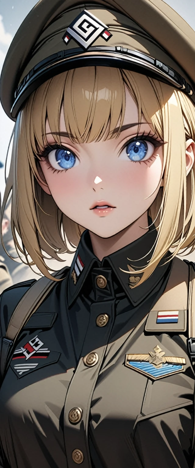 Bobcut　Blonde　soldier　Nazis　Black Costume　Army Costume　Army Caps　((Upper Body))　Big eyes　Blue eyes　Highest quality　Super detailed　detailed woman　High quality　8k　