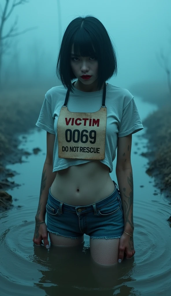 woman, bib "VICTIM 0069 DO NOT RESCUE", denim cut-off skirt, nylon stockings, sport t-shirt, stuck in mud bog,pale ethnic patterns ritual makeup, cold, red lips, sexy posing, bob haircut, blue fog, posing, dynamic, sexy despair