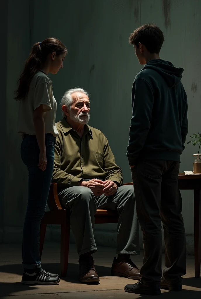 Old man is sittng on chair of dark room. 2 yound man and one young lady standing around. Young lady is talking to old man