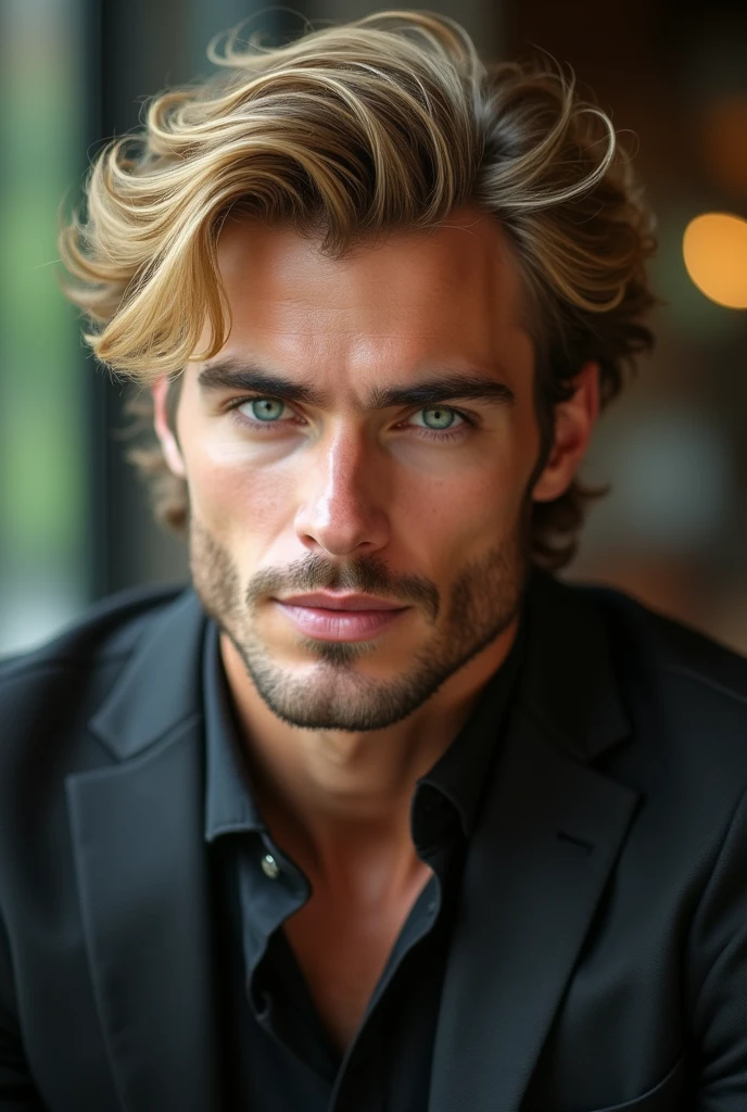 Please create a very masculine 30 year old man, but very youthful, de 1,94, offwhite, blond, greeneyes, tabby, with a very beautiful smile. He is dressed in high-end clothes.