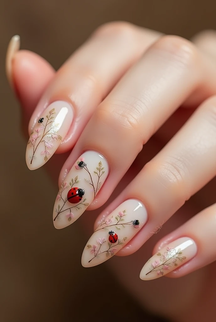 An aesthetic almond tip nail art with ladybug and plant pattern in soft color and the nail color is brown with eye cat type nail art.
