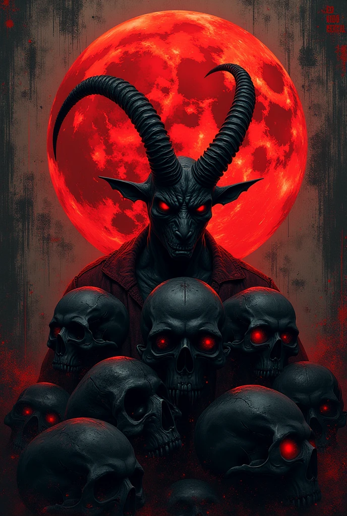flyer for metal event A creepy stage with scary satanic goat and dark skulls, negro, Red In the background a wall that says Blood Moon Fest