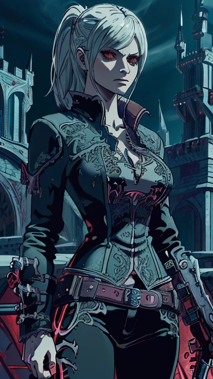 (1girl: DMC5Trish), (extremely detailed CG unit 8k wallpaper),(master part), (best quality), (ultra detail), (best illustration),(Oda Eiichirou style), cowboy shot, (Sharp eyeliner, ombre, detail eyes:1), Dracula Castle background, ,break , (vamptech), Upper body,