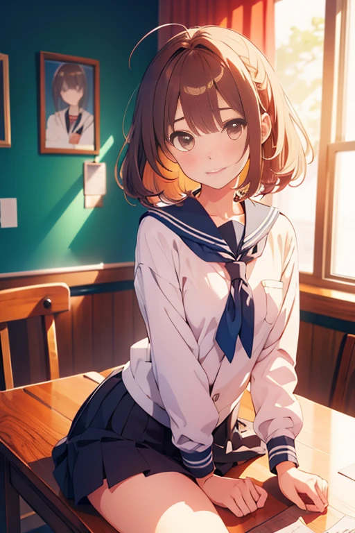 (best qualityer,tabletop:1.2),(anime styling,Comics Core:1.1),1 girl in,cute style,adorable,extremely detailed eye,Extra detailed face,hair with lots of detail,About Hipder,8k,resolution,high school girl,seaman uniform,