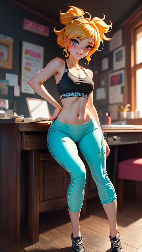 (((masterpiece))), (((hyper quality 62k))), (((ultra textured skin))), (intricate details highlighted), punk girl, smiling and aggressive expression, braided hair, rear view, from below, (((hyperrealistic 32k))), sitting at desk, (navel-baring, low-cut top), (((translucent plastic pants crack in the butt))), strong jaw, beautiful face, shoes, full body view, ( textured pants)