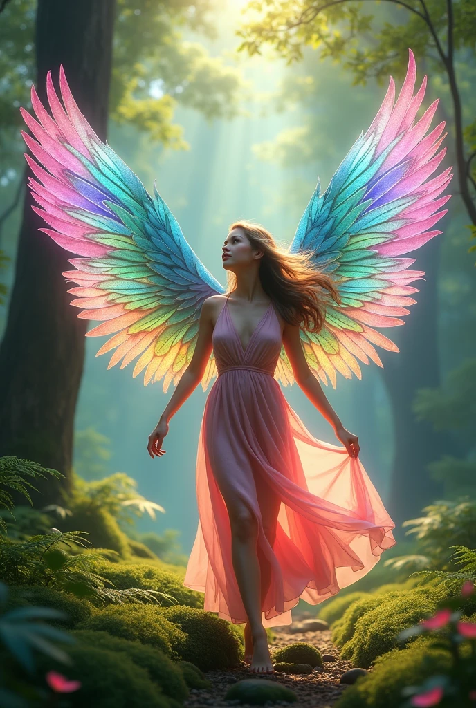 Create a adult girl having birds wings ,vivid wings , beautiful forest background, with a light pink long dress 