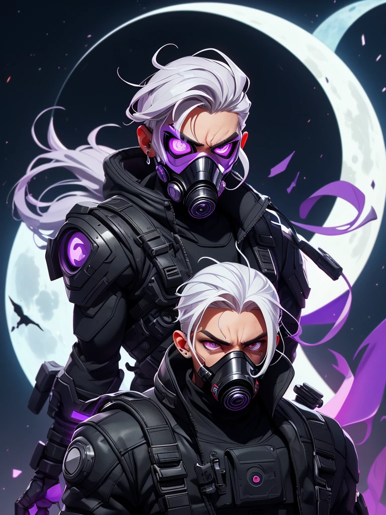 spy man with purple eyes, wearing all black clothing, wearing a cybernetic gas mask that covers his entire face, with white hair, with silver hoop earrings in his ear, alone on top of a building with the moon in the background