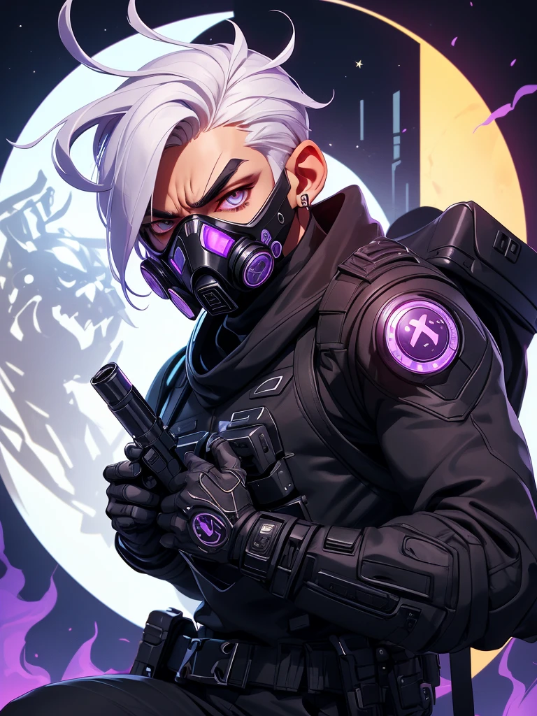 spy man with purple eyes, wearing all black clothing, wearing a cybernetic gas mask that covers his entire face, with white hair, with silver hoop earrings in his ear, alone on top of a building with the moon in the background