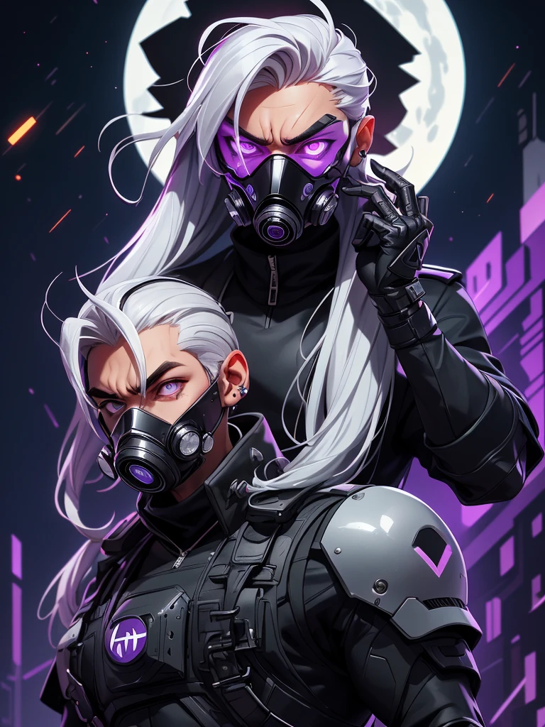 spy man with purple eyes, wearing all black clothing, wearing a cybernetic gas mask that covers his entire face, with white hair, with silver hoop earrings in his ear, alone on top of a building with the moon in the background
