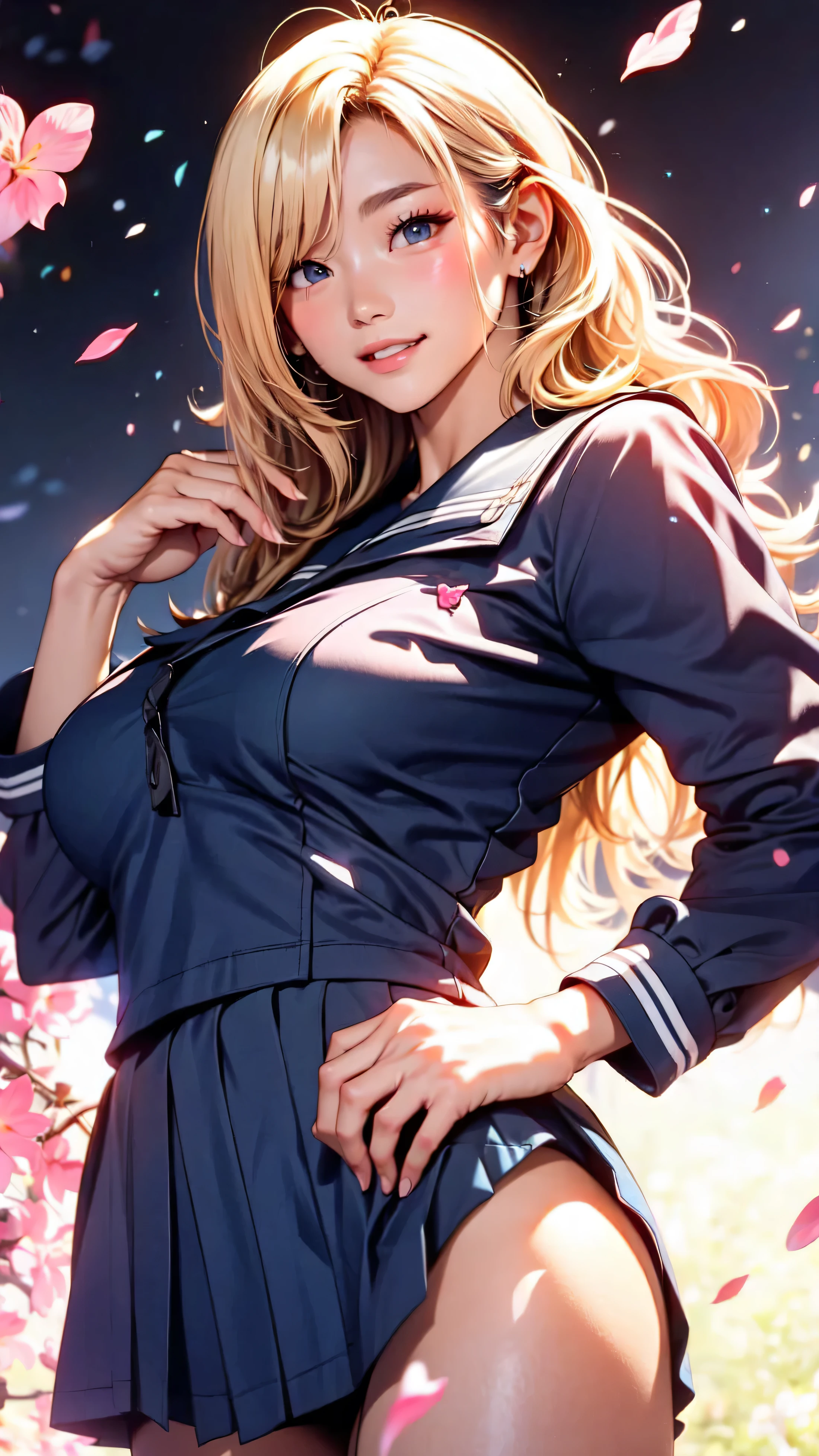 White women、Platinum Blonde、Long Hair、Hair becomes wavy、Fits perfectly to the skin、(((Huge saggy breasts))), beautiful thick legs、erotic、Great proportions and slim hips、Place one hand on hip、Hair in the eye ((Hair above the eyes))、Droopy eyes, smile, dark blue (((Complex wear))) in (White line:0.3), High School Skirt ((Micro panties are slightly visible)), Bare arms, A magical blue sky, in Sakura,