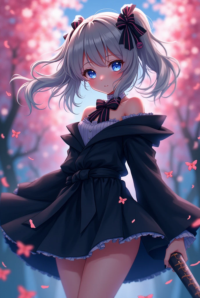 (((masterpiece))),(((Highest quality))),((Very detailed)),(figure),(Dynamic Angle), ((floating)),(paint),((Disheveled Hair)), (alone),(((The skirt is flipped up and the underwear is visible))), ((Girl in black coat)), (((Detailed anima face))),((Beautifully detailed body)),collar,Exposing shoulders,(((Mysterious and shining blue eyes)))Gray Hair, ((Colorful Hair)),((Striped Hair)), Beautiful attention to detail,(Gradient color eyes),(((Colorful eyes))), (((background))),(((High saturation))),(((Surrounded by colorful splashes))),(((Standing in front of the cherry blossoms in the night scenery))),,((Holding a sword))