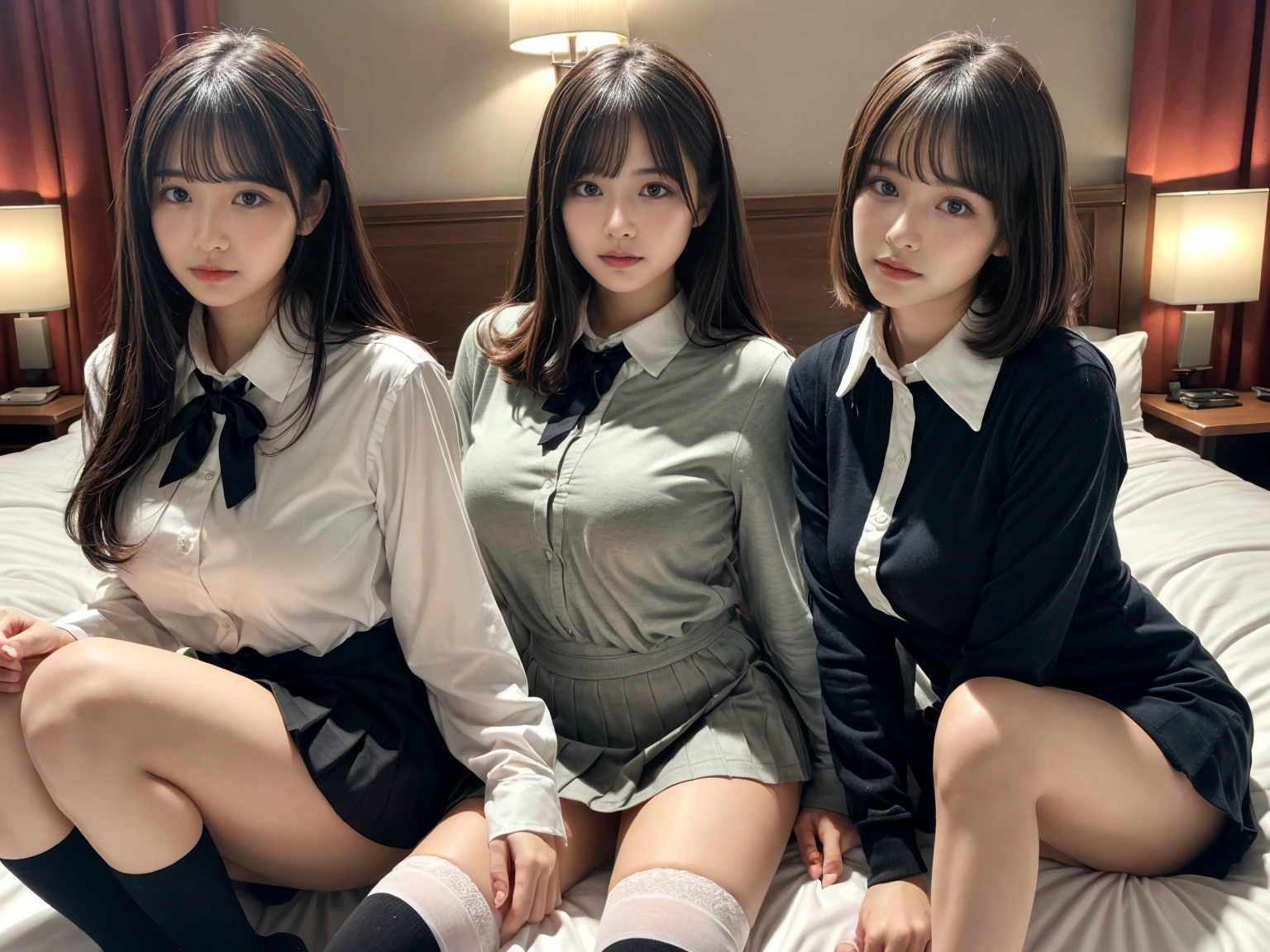masterpiece, best quality, illustration, Super detailed, fine details, High resolution, 8K,wall paper, perfect dynamic composition,(Details High quality, realistic depiction of eyes:1.3), (3 girls), (collared shirt:1.1), pleated skirt, knee high socks, sitting, open legs, short bob hair, in a hotel room in the background, deep on field, large breasts, black hair color, Big Natural Color Lip, (perfect body shape), crying a little、Harajuku style、20 year old girl、cute type、beautiful legs, Gravure Idol