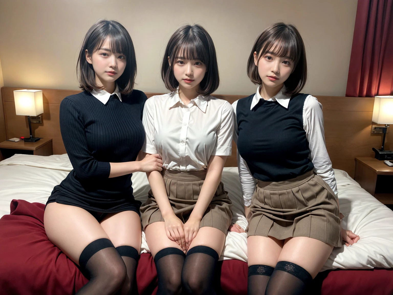 masterpiece, best quality, illustration, Super detailed, fine details, High resolution, 8K,wall paper, perfect dynamic composition,(Details High quality, realistic depiction of eyes:1.3), (3 girls), (collared shirt:1.1), pleated skirt, knee high socks, sitting, open legs, short bob hair, in a hotel room in the background, deep on field, large breasts, black hair color, Big Natural Color Lip, (perfect body shape), crying a little、Harajuku style、20 year old girl、cute type、beautiful legs, Gravure Idol