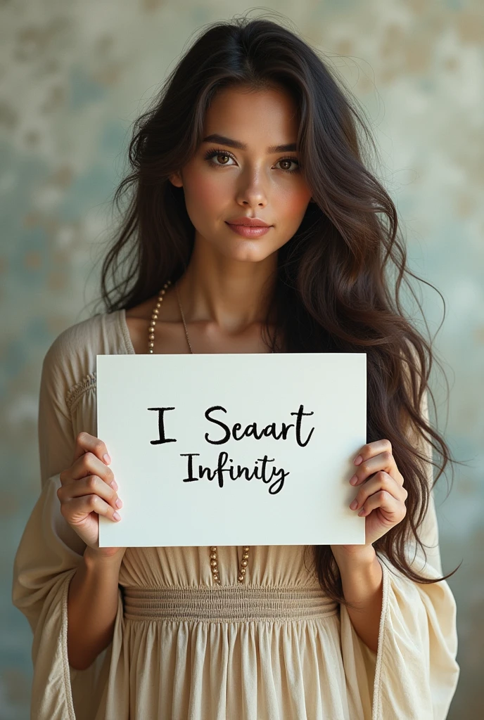 Beautiful girl with wavy long hair, bohemian dress, holding a white board with text "I Love Seaart Infinity" and showing it to the viewer