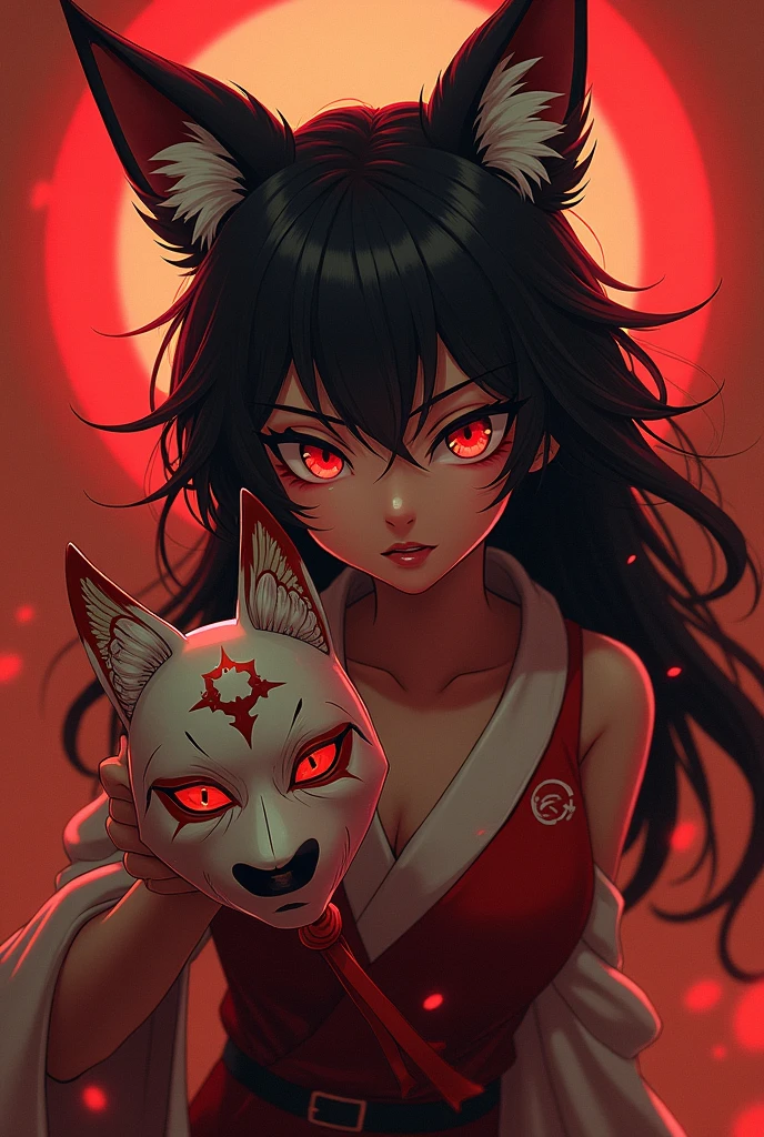 A cunning and evil kitsune girl with a fox mask in her hand in anime style red tones