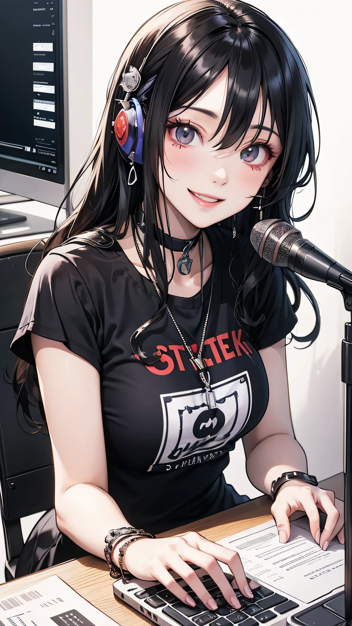 Woman sitting at a desk with a laptop and a microphone, Sit in front of the microphone, Twitch Streamer, Twitch Streamer/Gamer Ludwig, Be interviewed, An accurate portrait, Taking the lead with a smile, H3H3, With a happy expression, Precise Representation, In front of the computer, Trend Art, Shutterstock, Studio shot, Very expressive, Realistic Anime, Drawn,